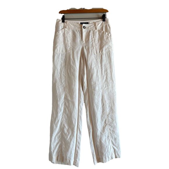 INC 100% Linen White Pants, Low Rise, Wide Leg. Rhinestone Button SZ 0 28” Waist - Picture 1 of 9